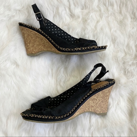 Seychelles Shoes - Seychelles Singapore Black Satin Slingback Wedges